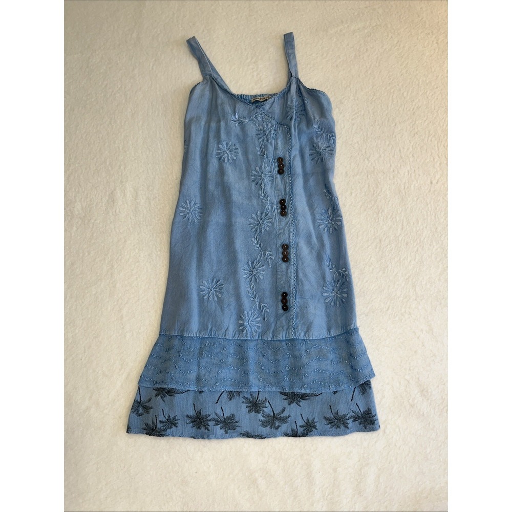 Raya Sun Dress Small Blue Embroidered Button Accents Boho Sundress